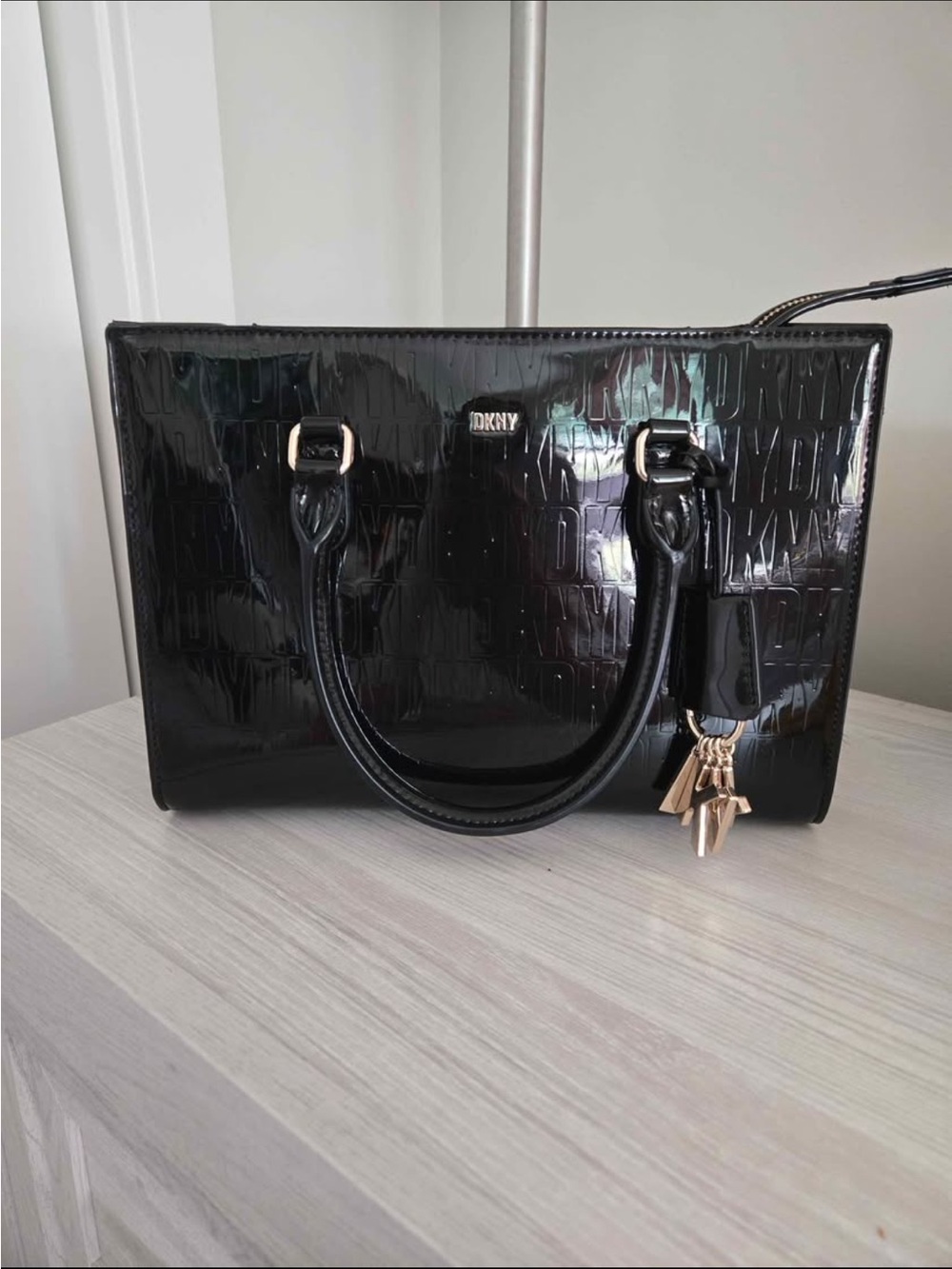 Dkny Black Patent Embossed Satchel with Gold Hardware